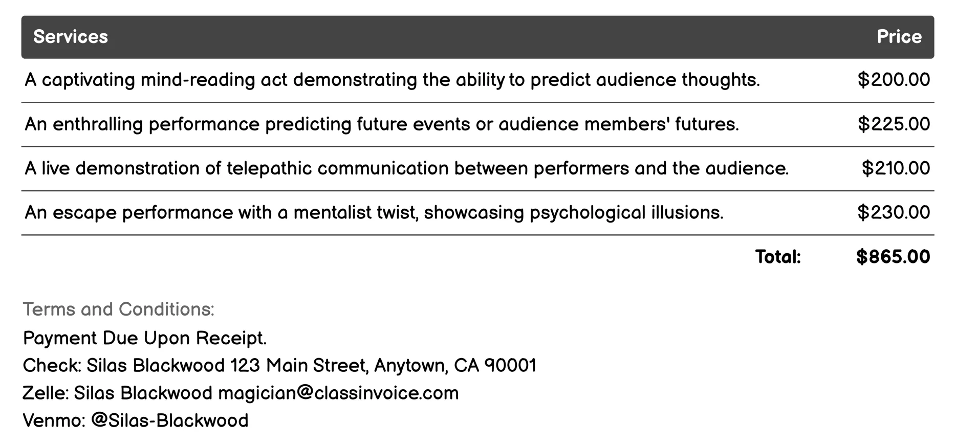 Mentalism Invoice Example
