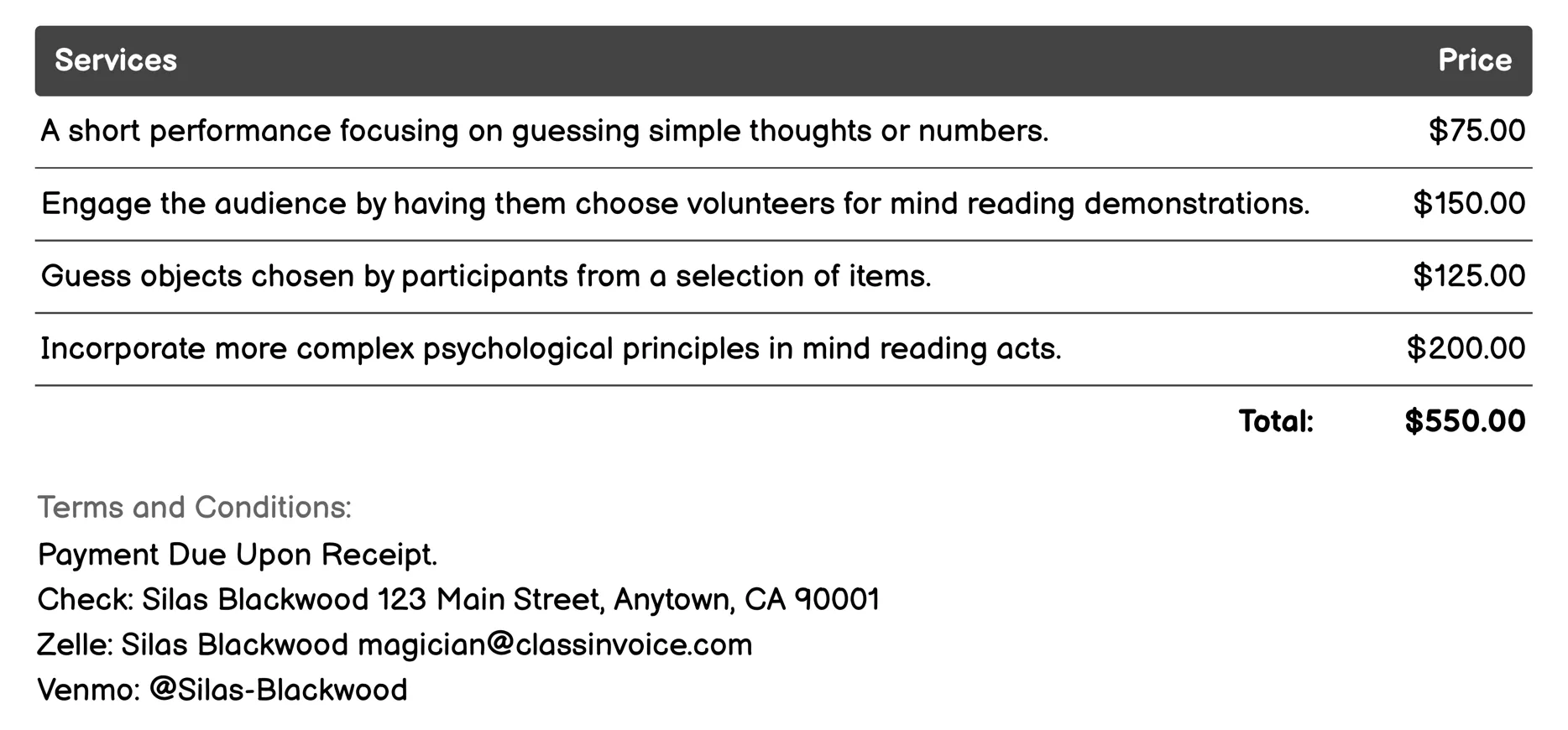 Mind Reading Invoice Example