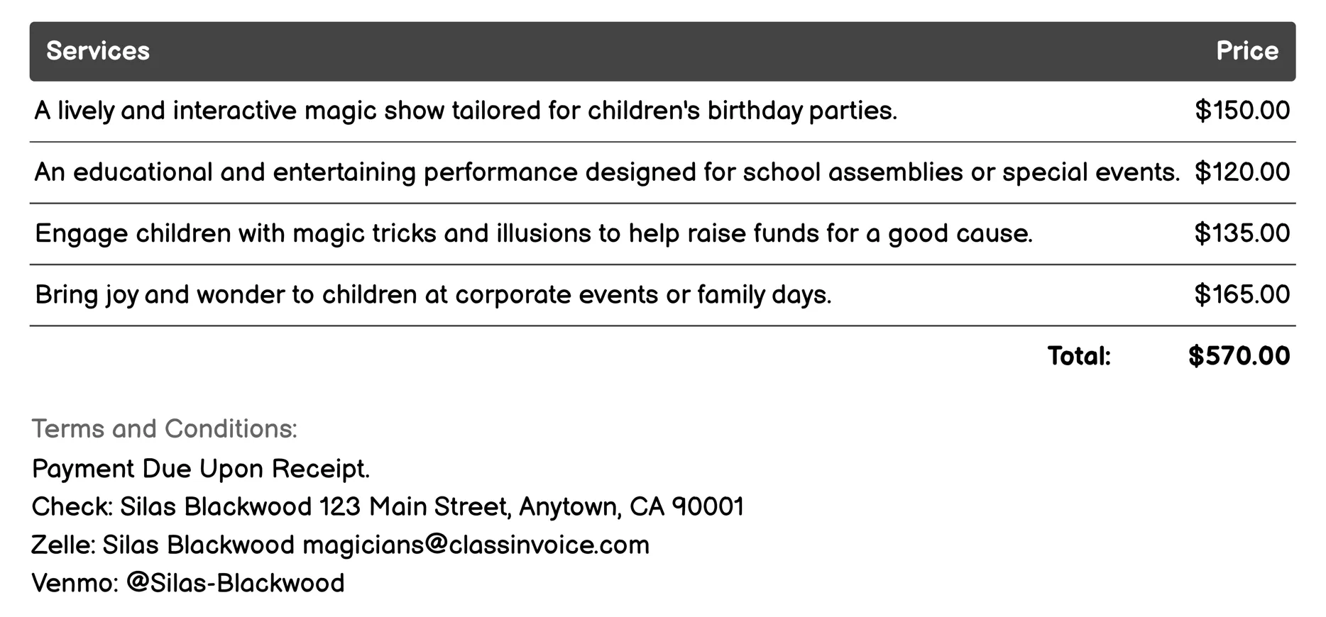 Children's Magician Invoice Example