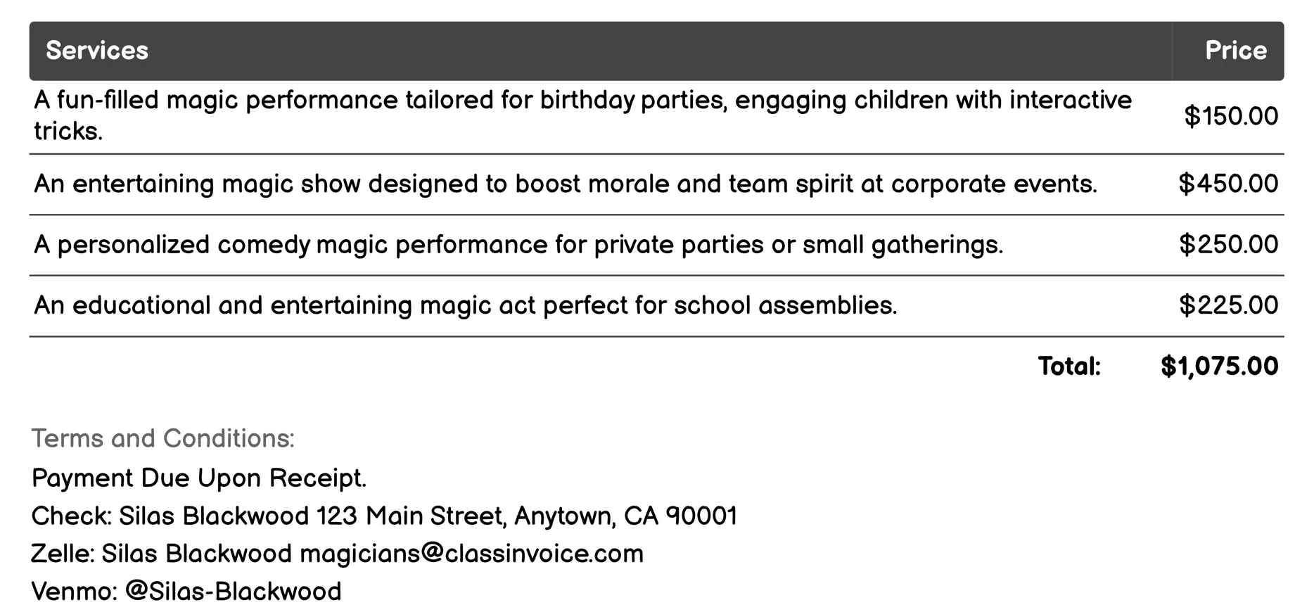 Comedy Magician Invoice Example