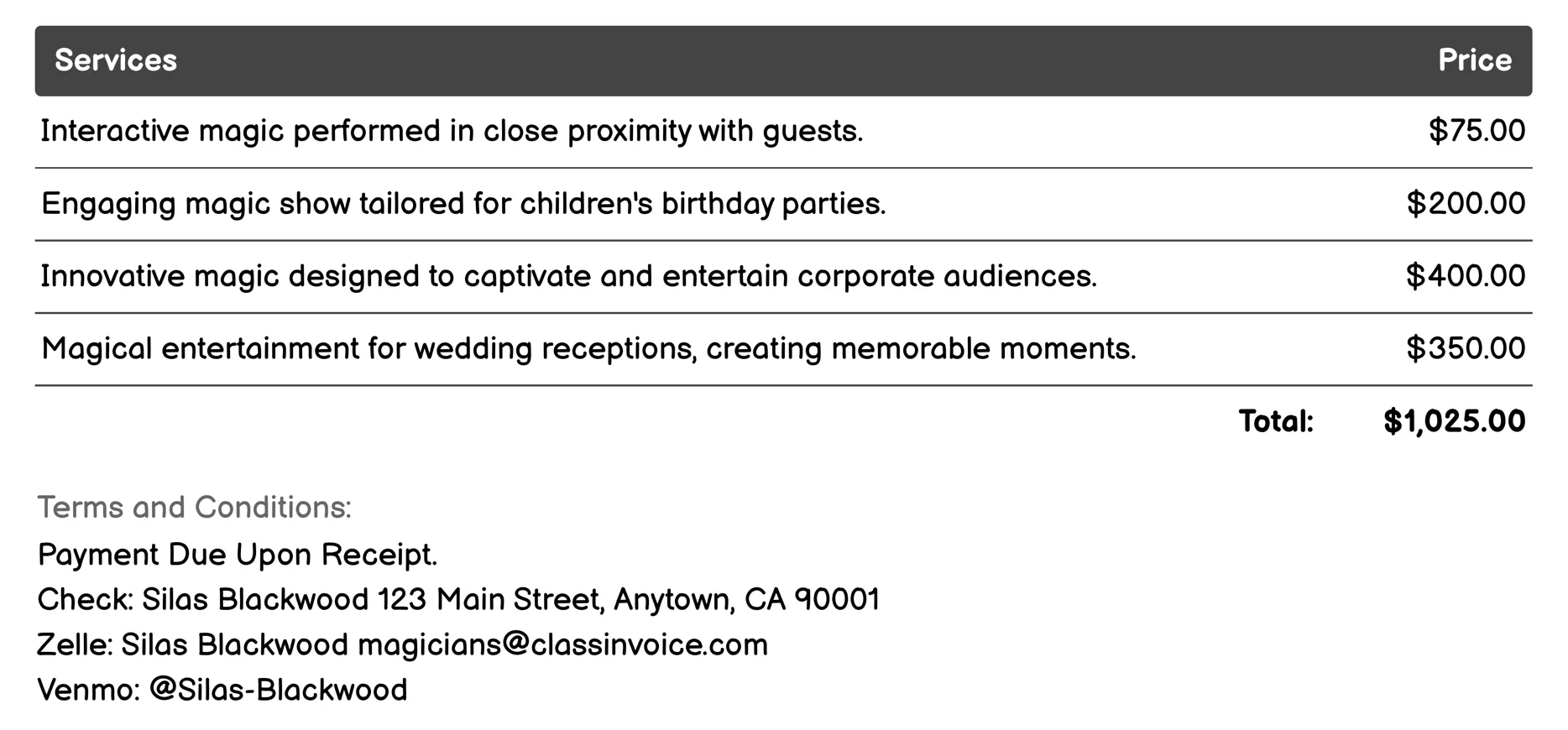 Parlour Magician Invoice Example