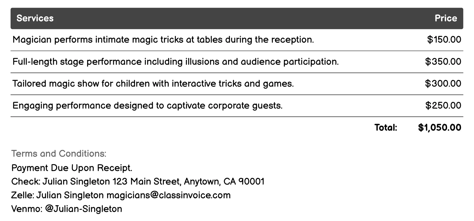 Private Party Magician Invoice Example