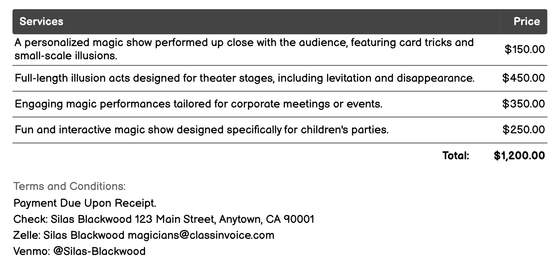 Stage Magician Invoice Example