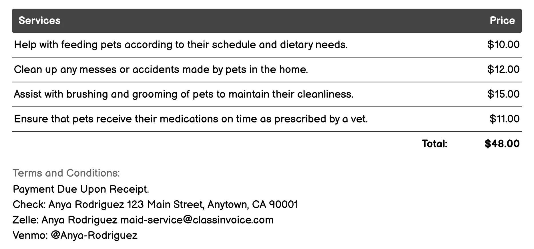 Pet Care Assistance Invoice Example