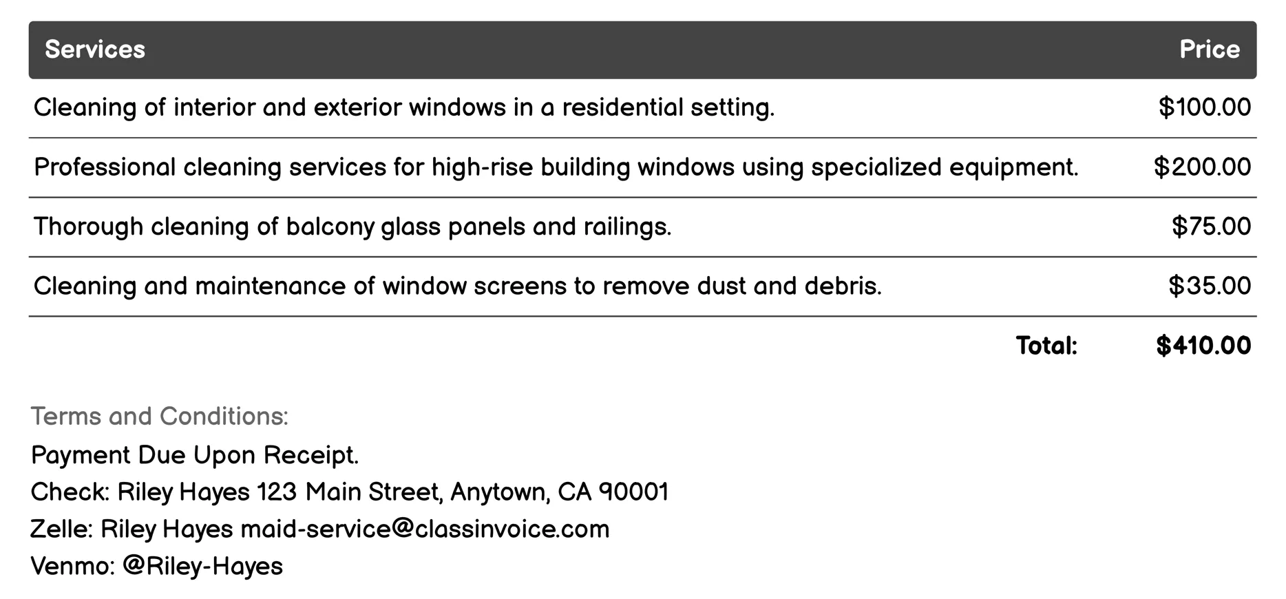 Window Washing Invoice Example