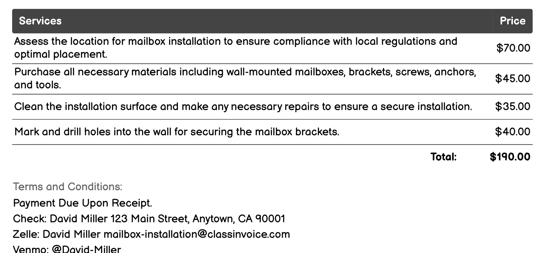 Wall-Mounted Mailbox Installation Invoice Example