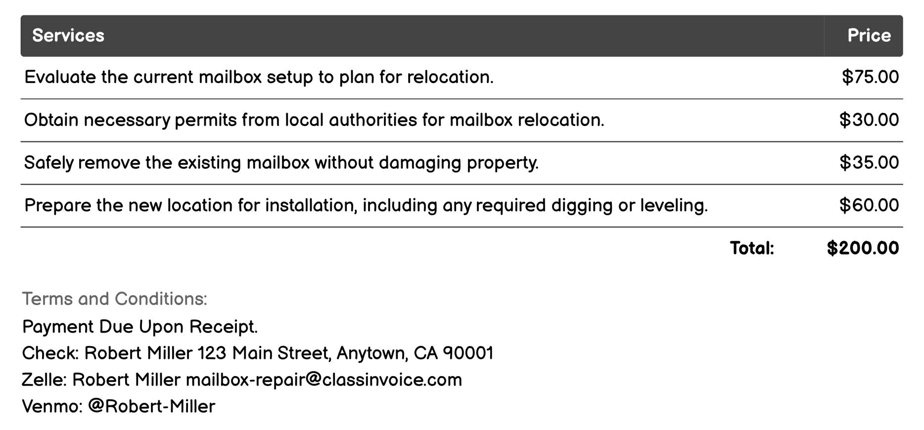 Mailbox Relocation Invoice Example