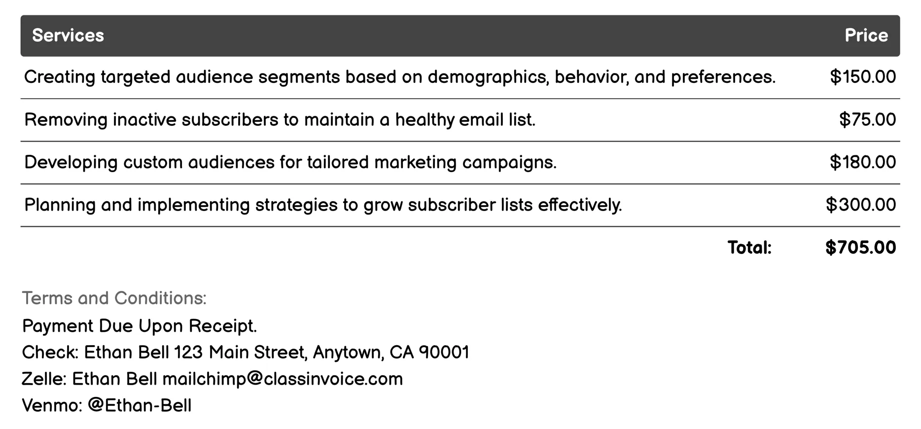 Audience Management Invoice Example
