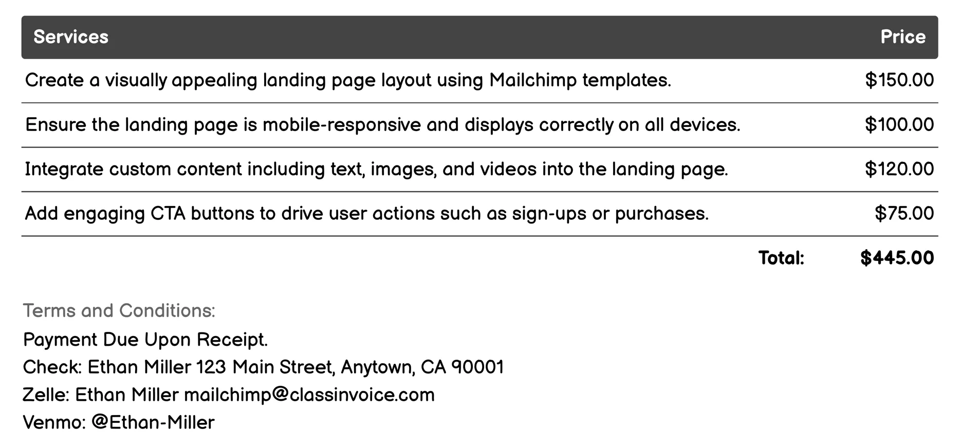 Landing Pages Invoice Example