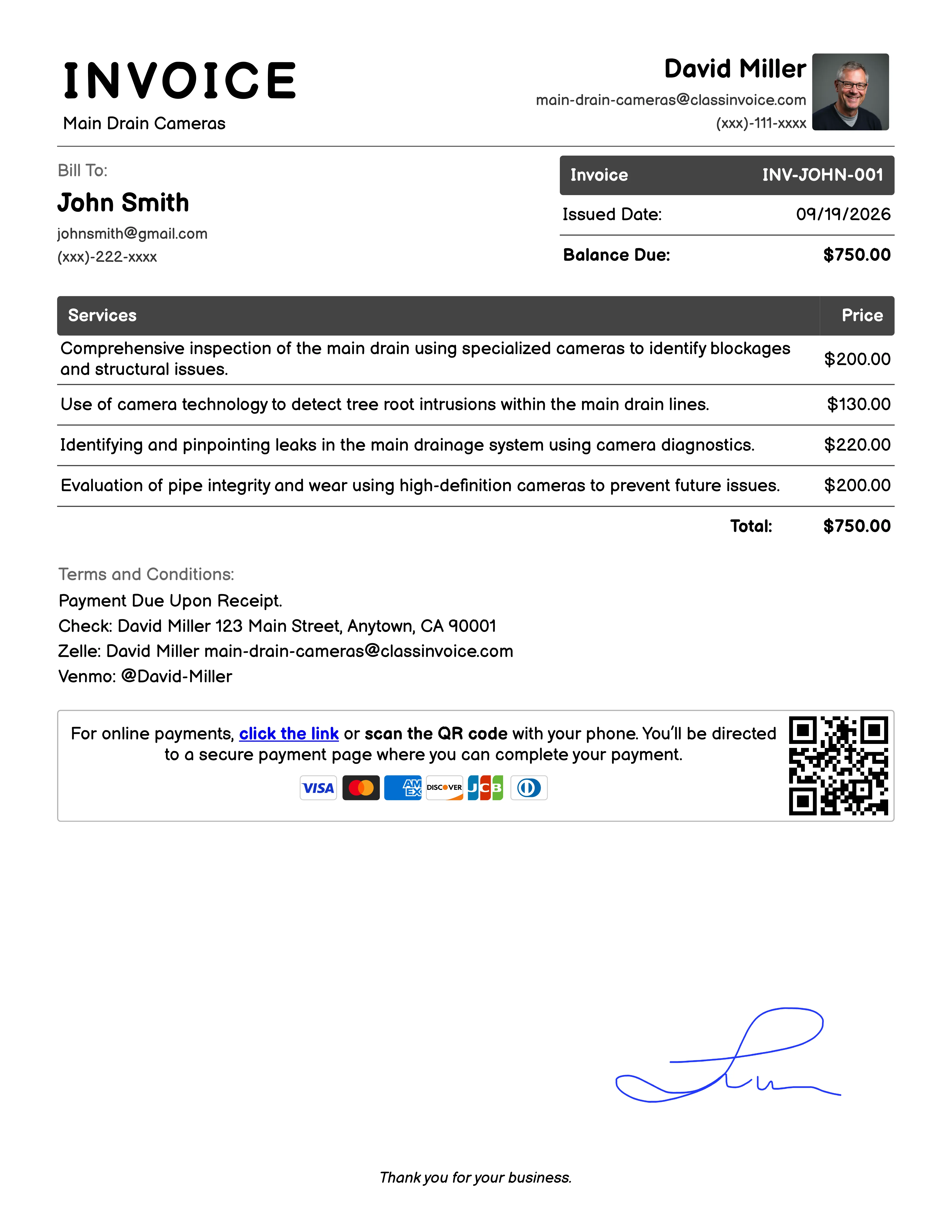Main Drain Cameras Invoice Example