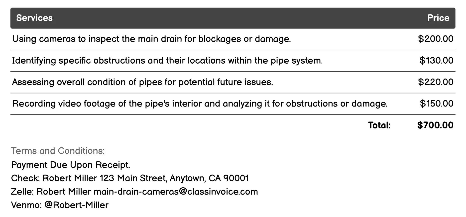 Obstruction Removal Guidance Invoice Example
