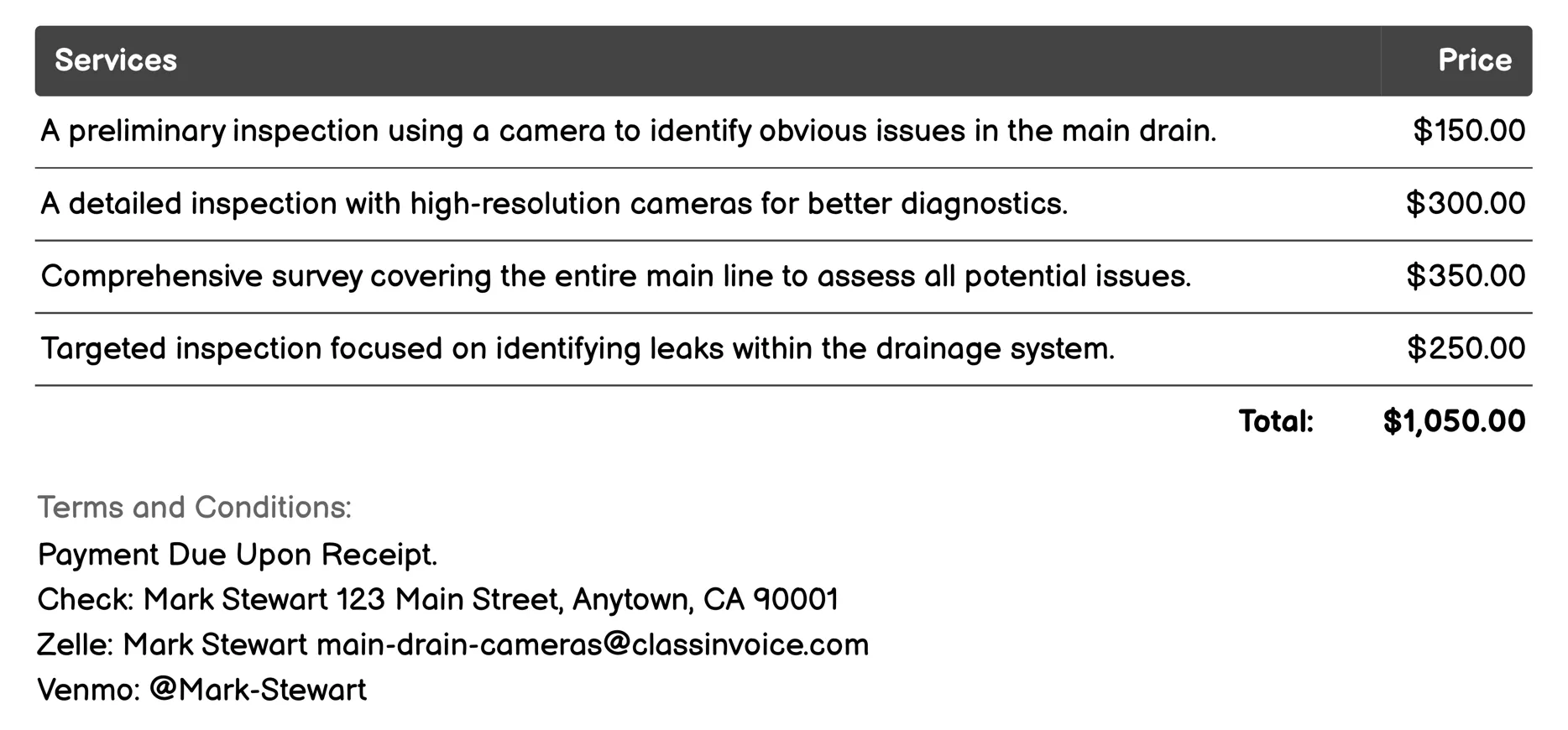 Pipe Inspection Invoice Example