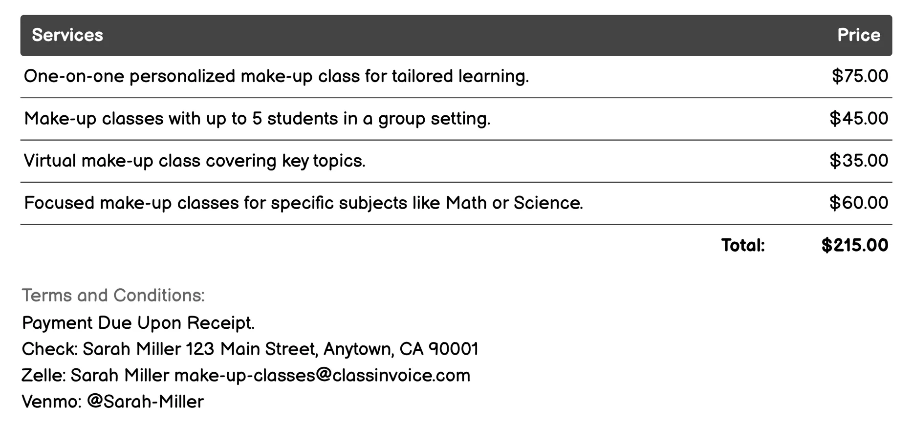 Test Preparation Invoice Example