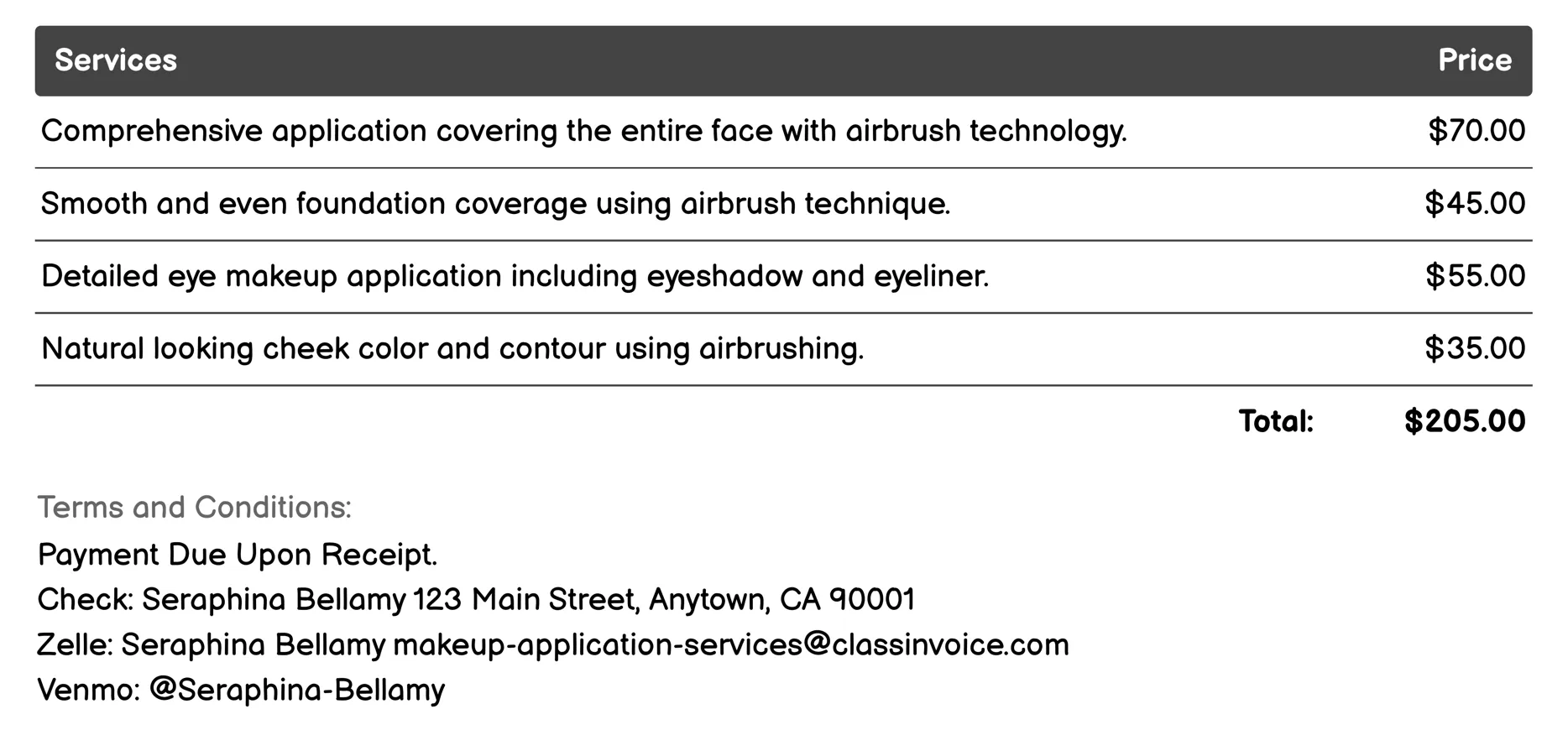 Airbrush Makeup Application Invoice Example