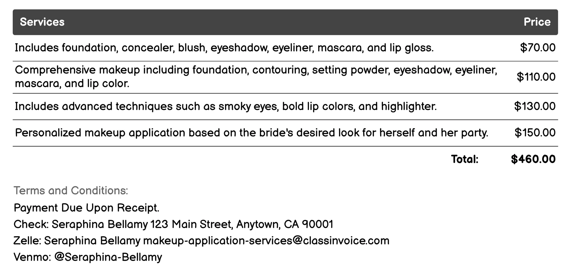 Bridal Party Makeup Services Invoice Example