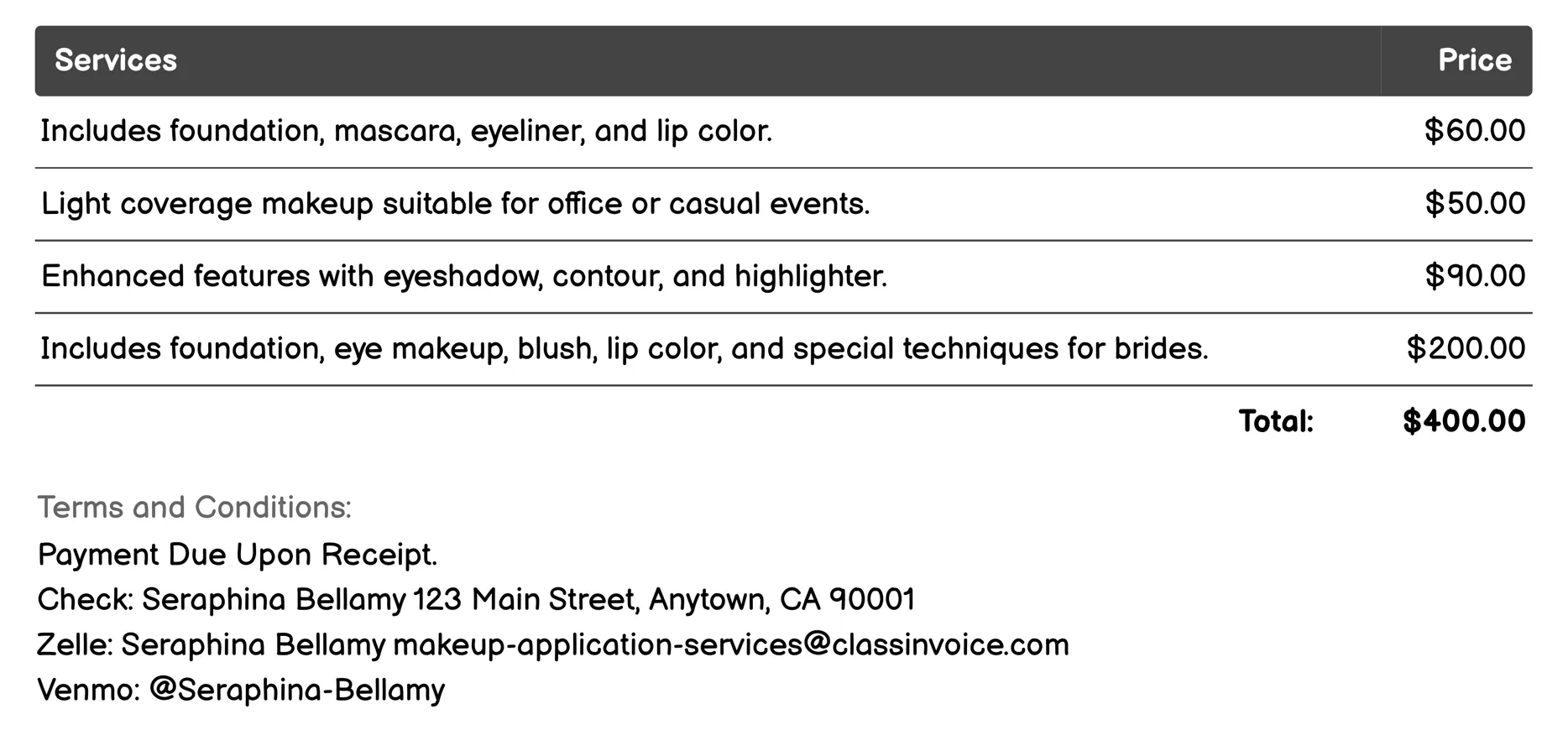 Professional Makeup Artist Invoice Example