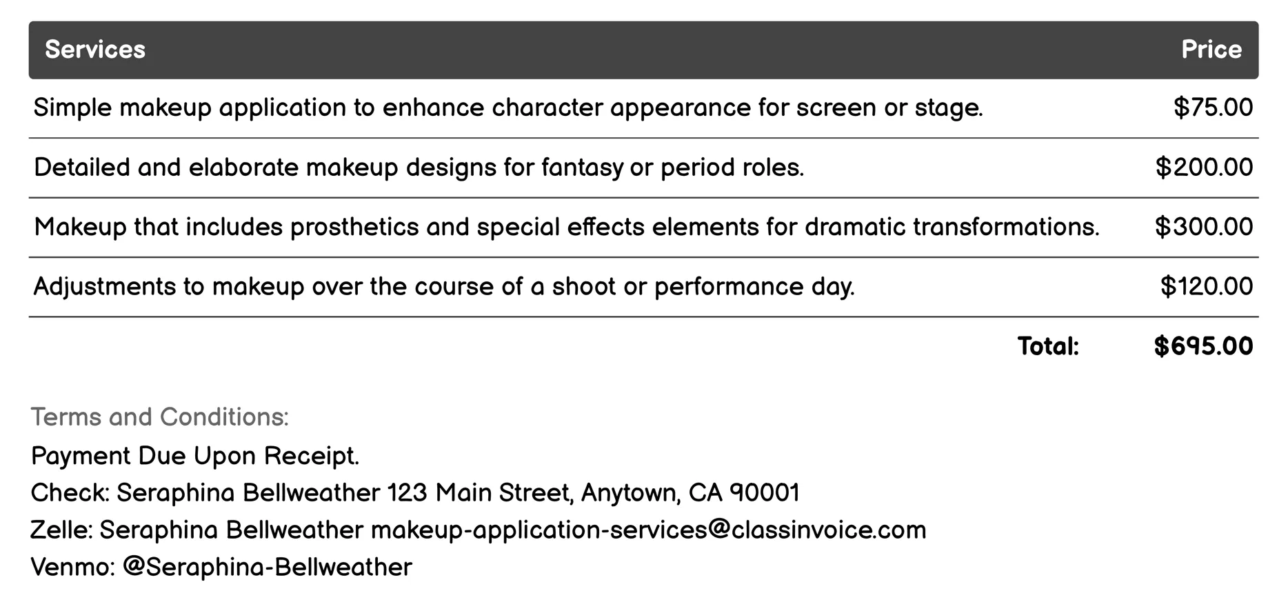 Television/Movie/Stage Makeup Invoice Example