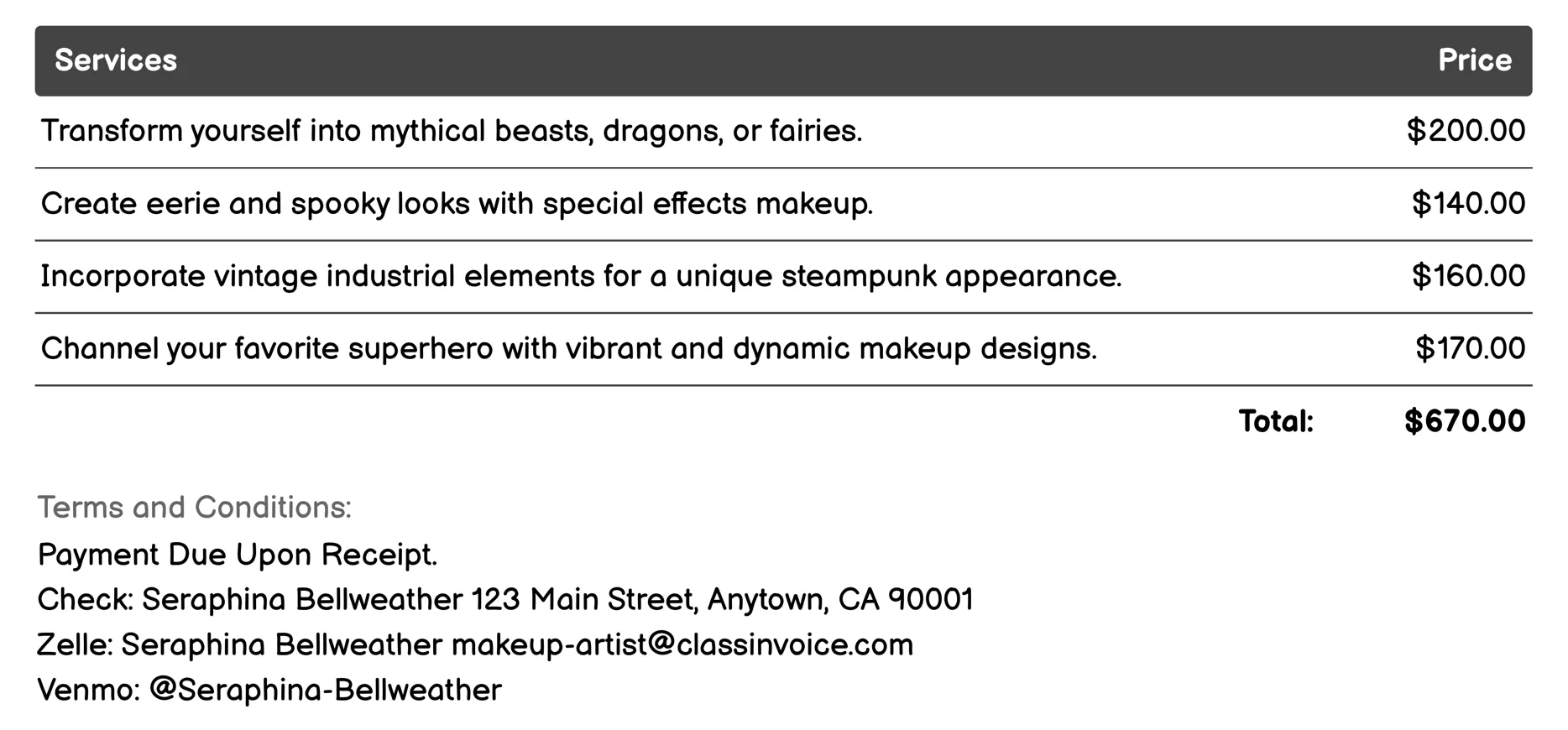 Character/Thematic Makeup Invoice Example