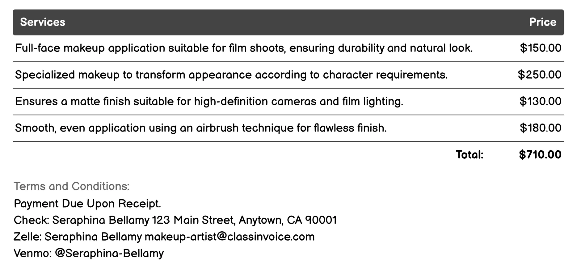 Photo & Film Makeup Invoice Example