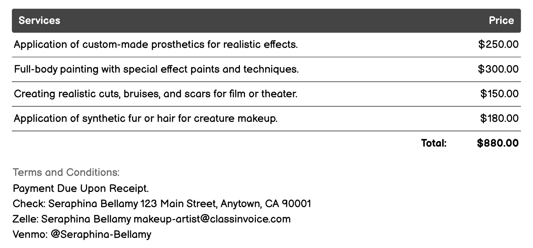 Special Effects Makeup Invoice Example