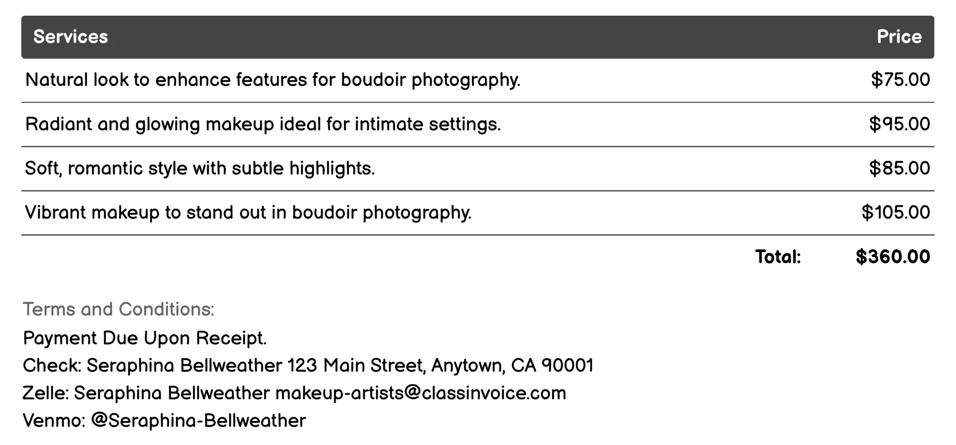Boudoir/Intimate Photography Makeup Artist Invoice Example