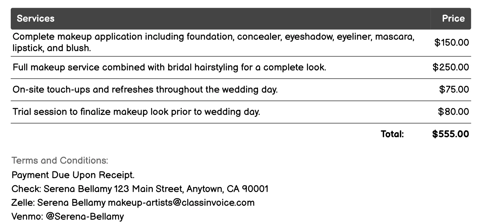 Bridal Makeup Artist Invoice Example