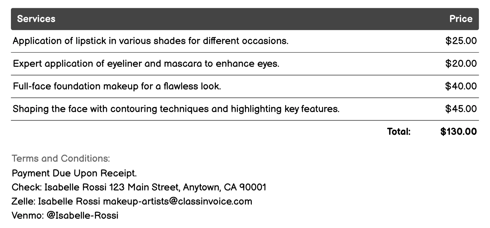 Freelance/Multi-Service Makeup Artist Invoice Example
