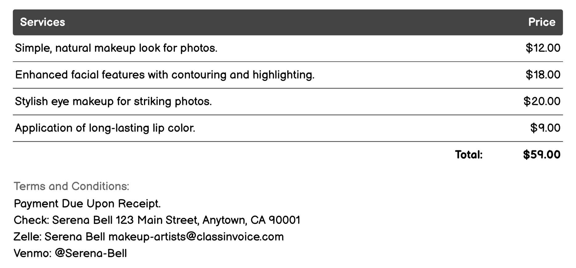 Photobooth Makeup Artist Invoice Example