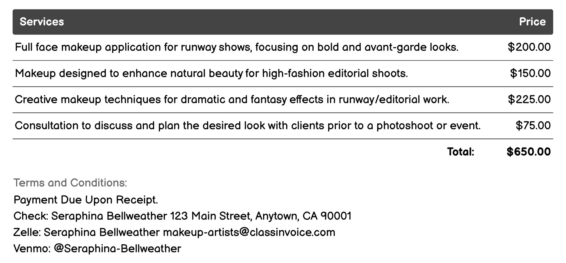 Runway/Editorial Makeup Artist Invoice Example