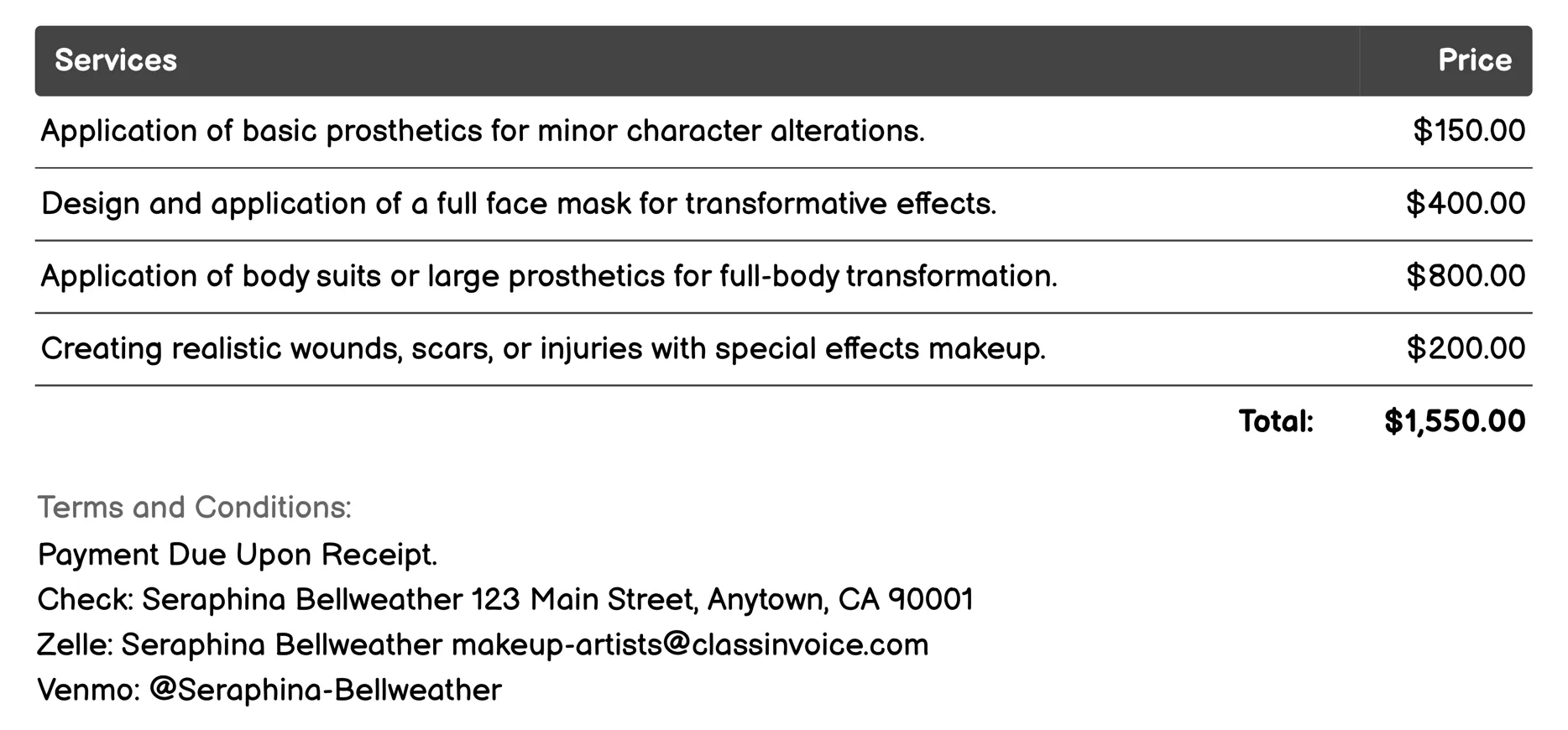 Special Effects/Prosthetic Makeup Artist Invoice Example