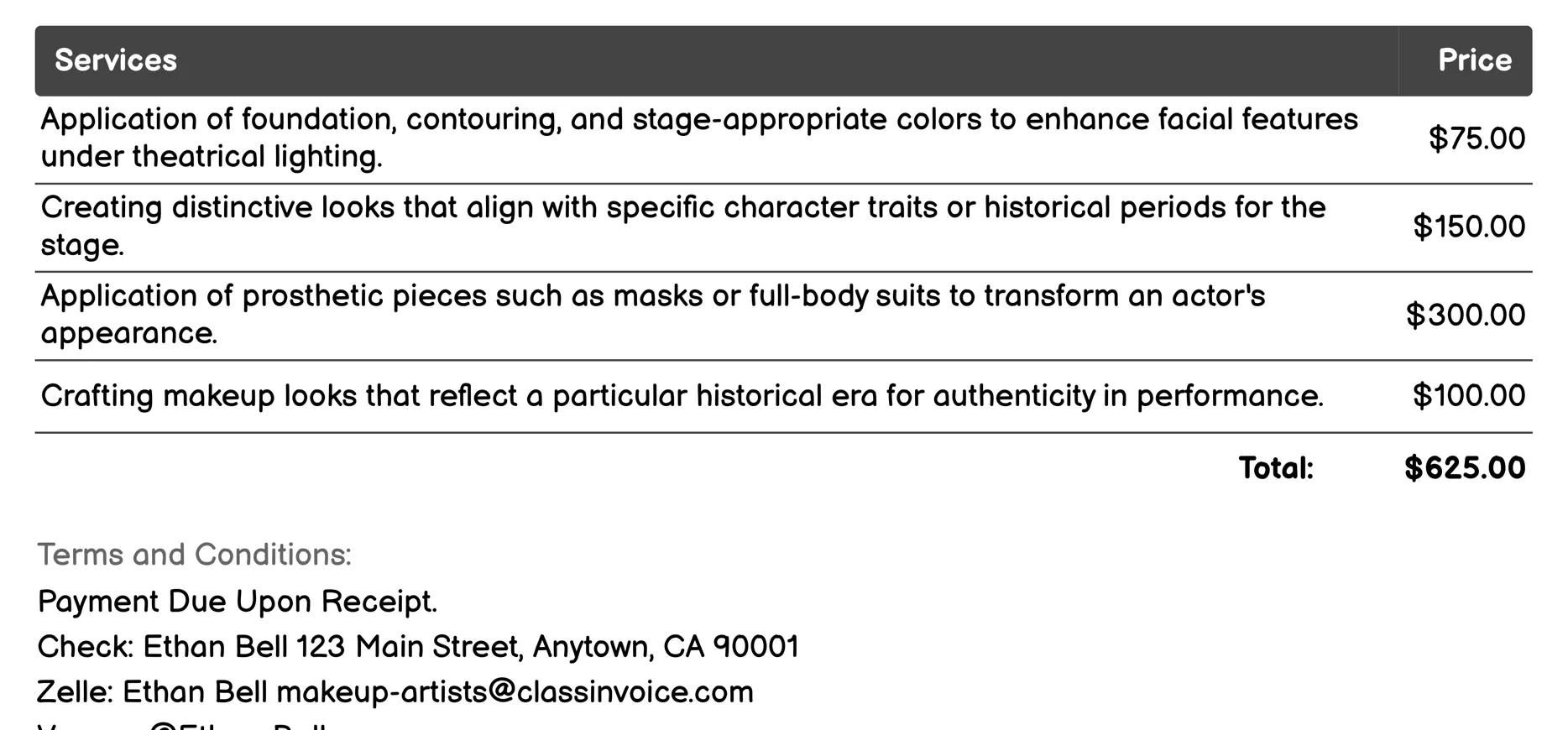 Theatrical/Musical Theater Makeup Artist Invoice Example