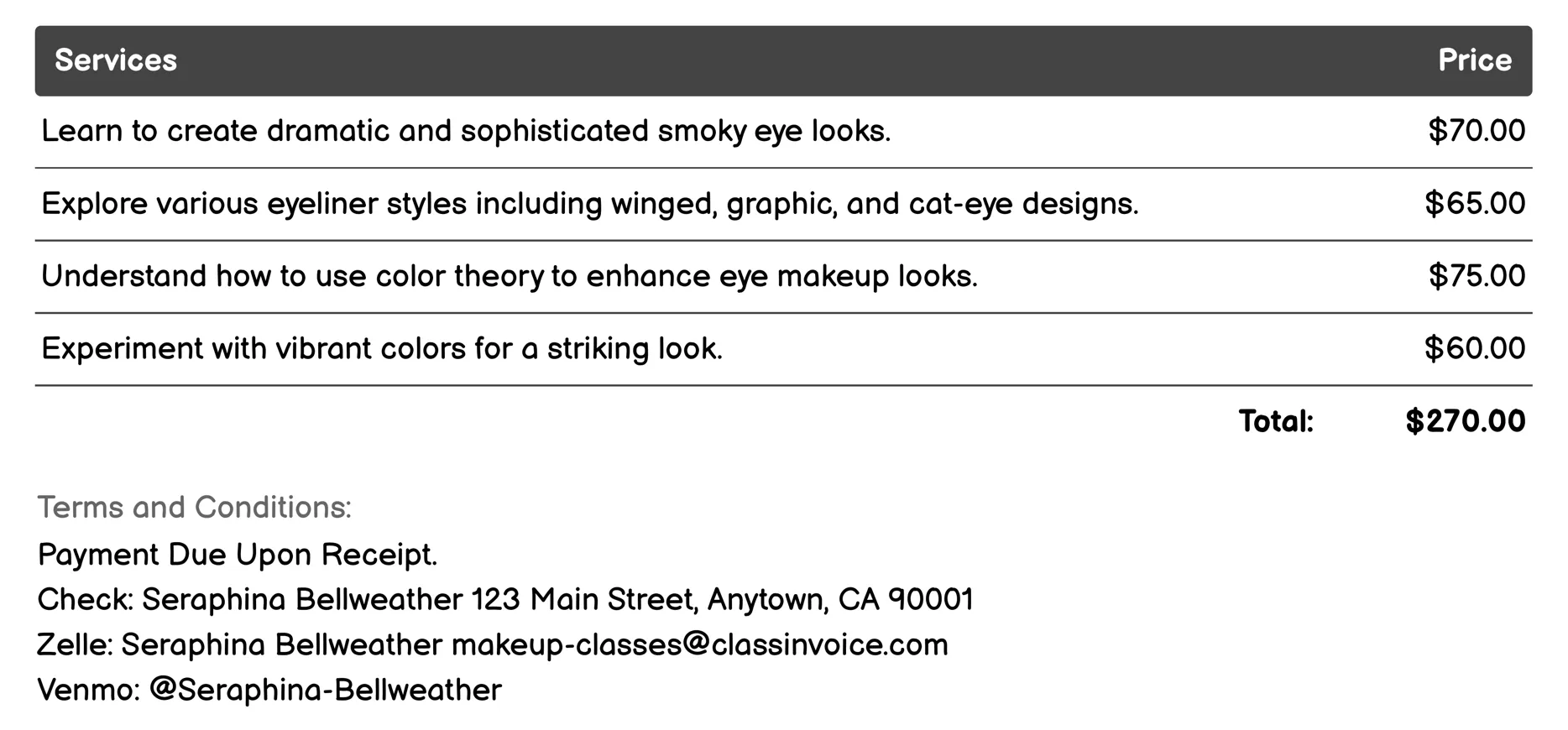 Advanced Eye Makeup Invoice Example
