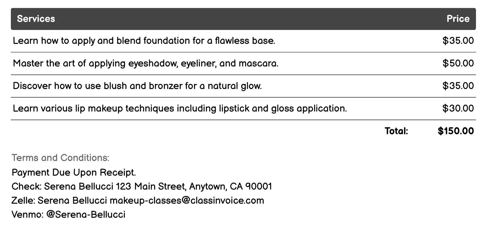 Basic Makeup Techniques Invoice Example