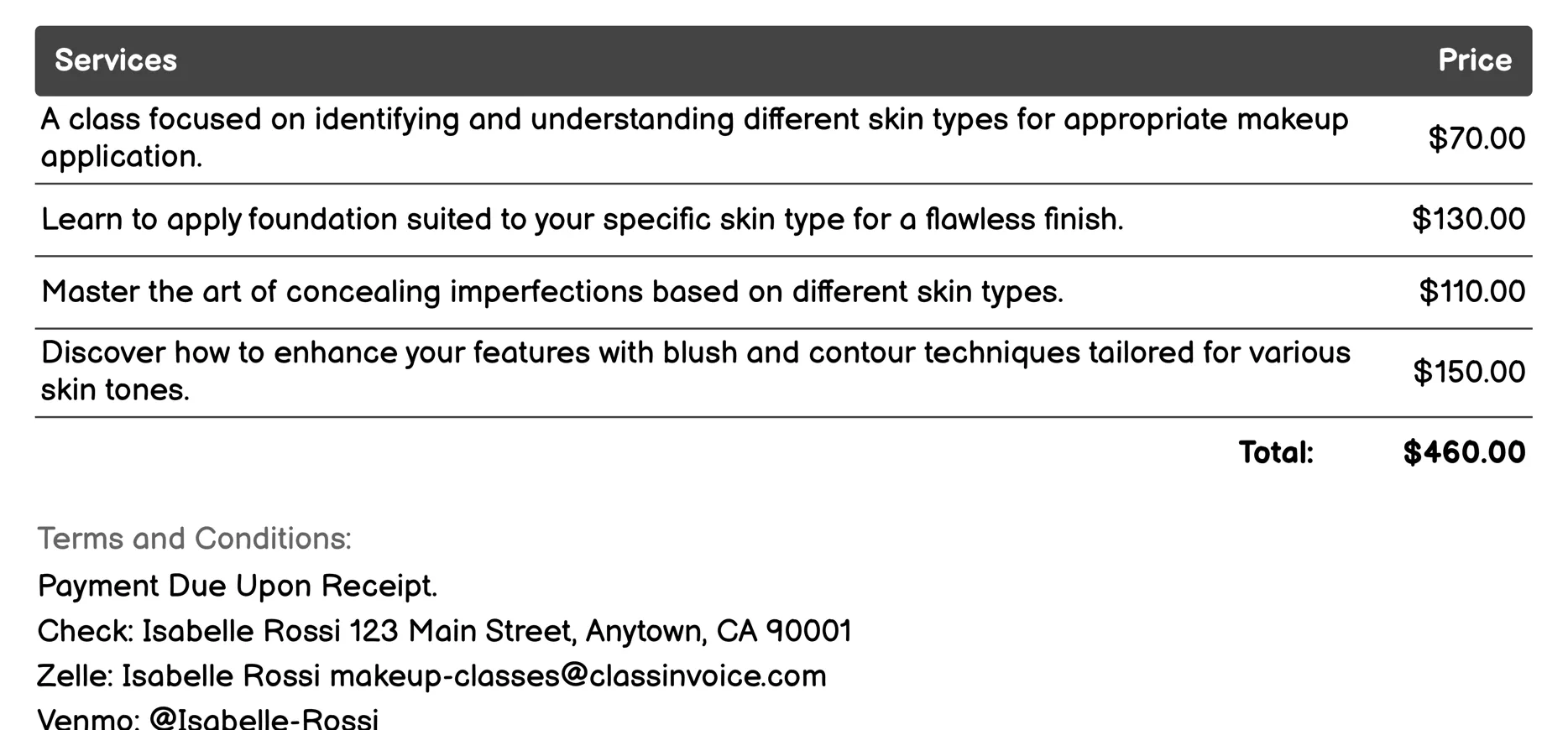 Makeup for Different Skin Types Invoice Example