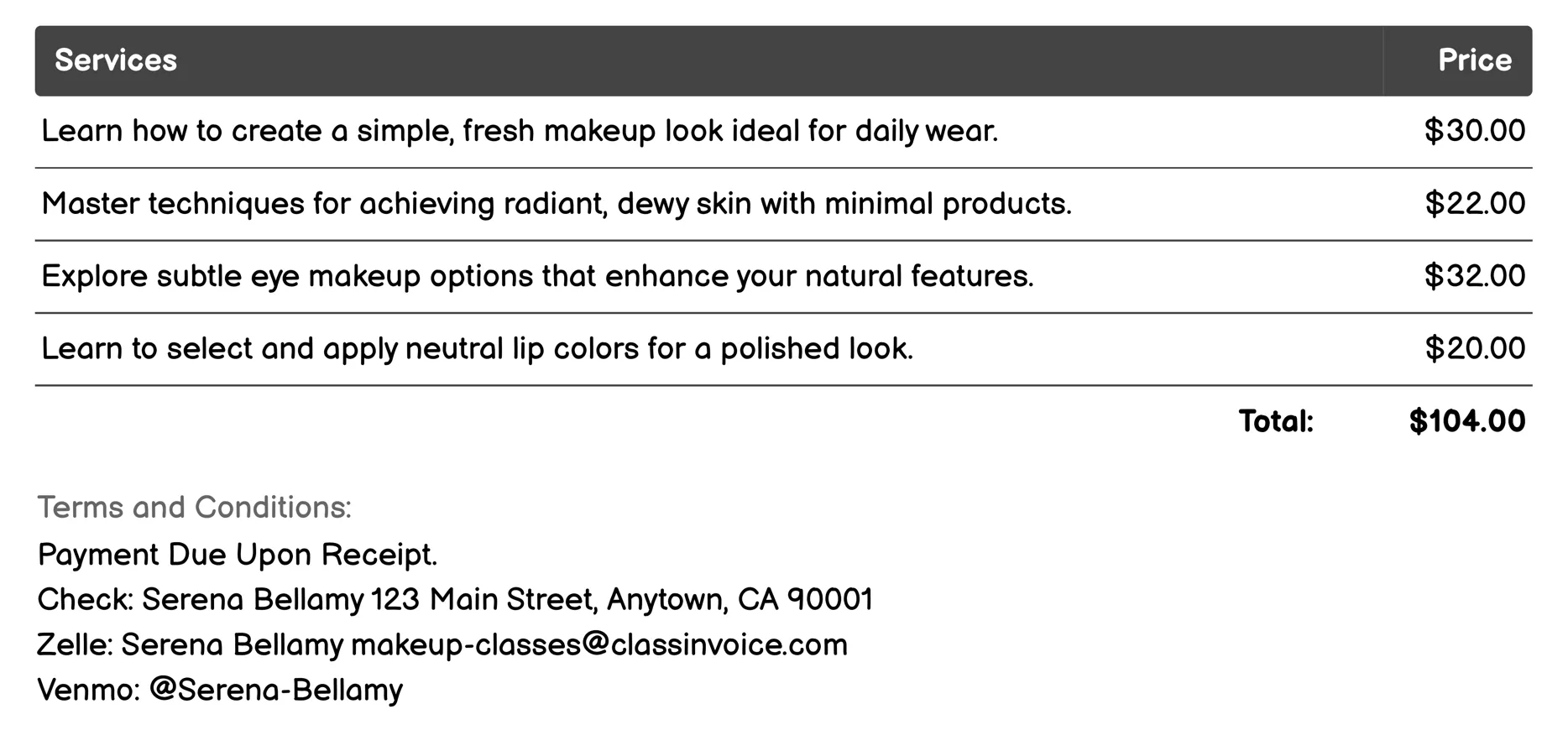 Natural Daytime Makeup Invoice Example