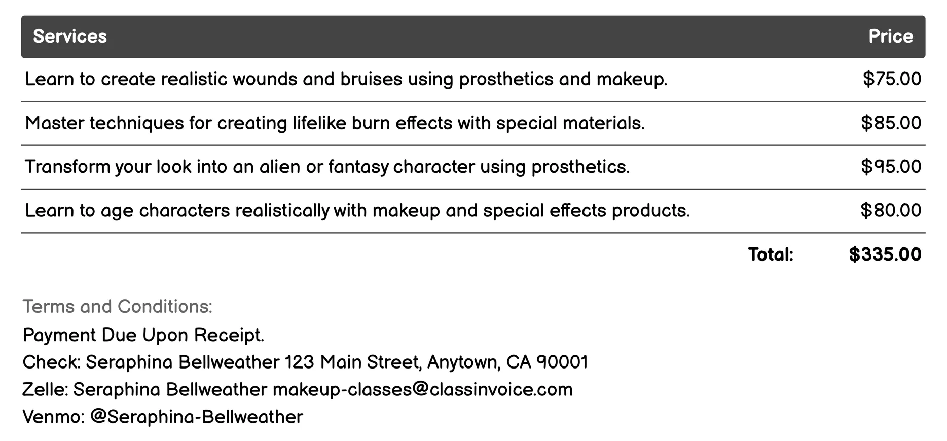 Special Effects Makeup Invoice Example