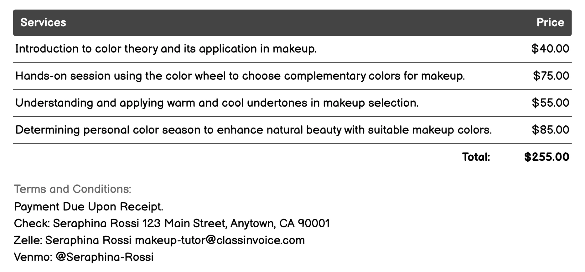 Color Theory in Makeup Invoice Example