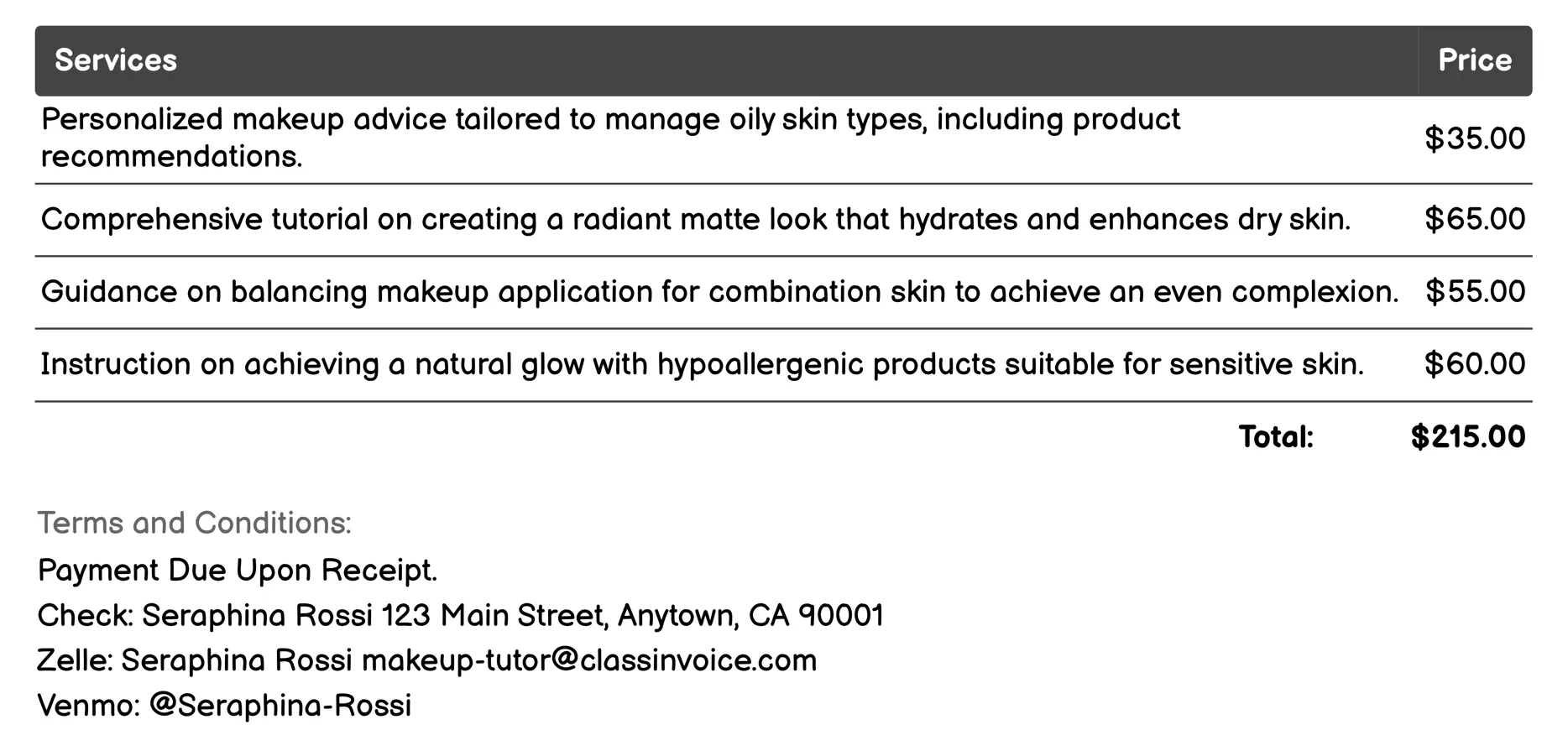 Makeup for Different Skin Types Invoice Example