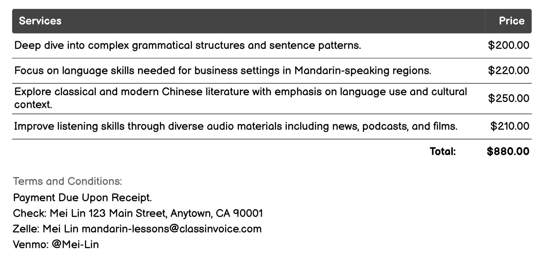 Advanced Mandarin Studies Invoice Example
