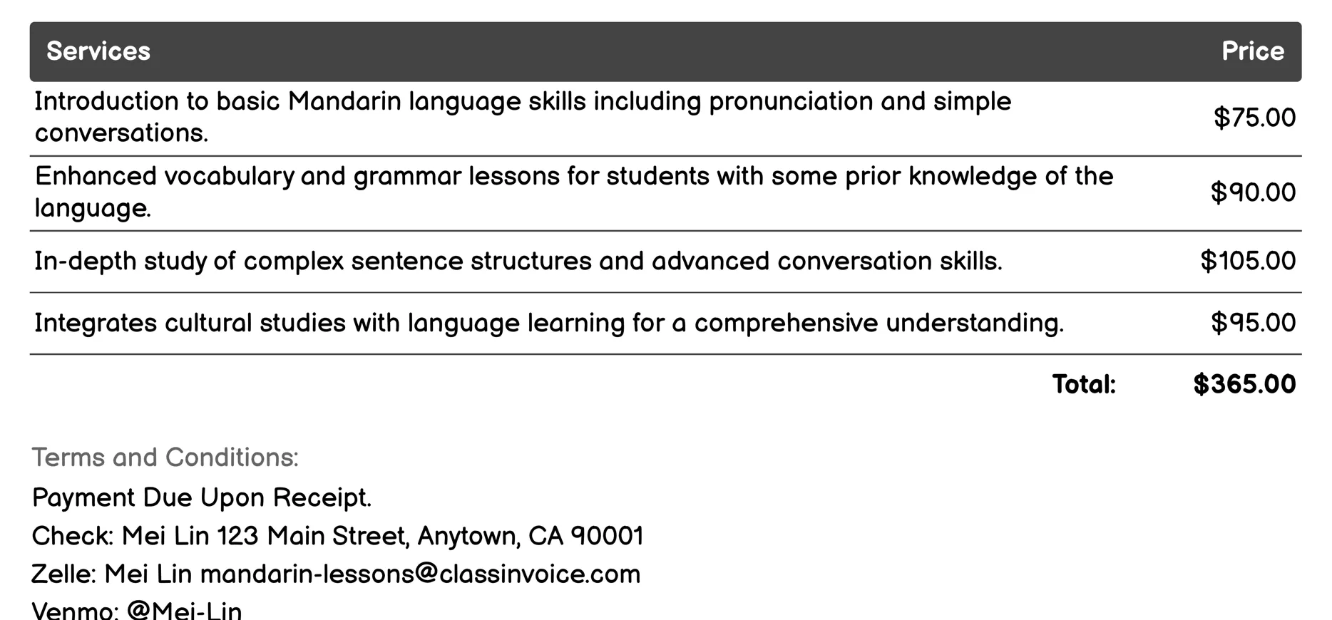 Group Mandarin Classes Invoice Example