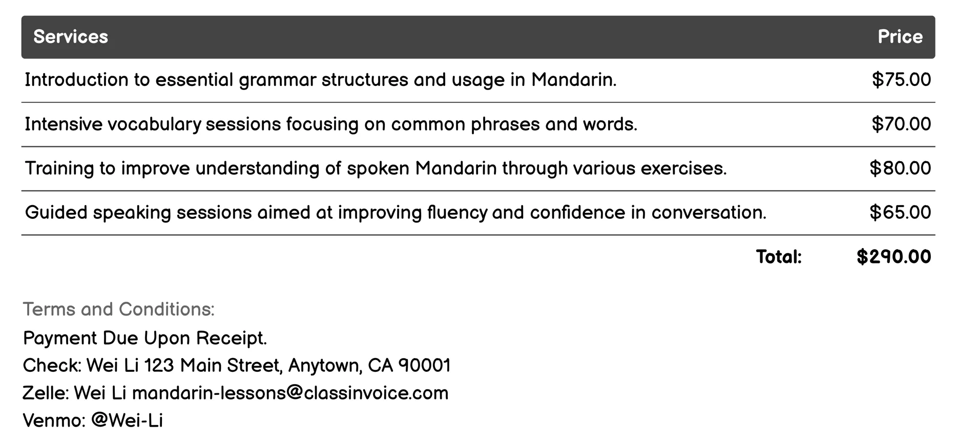 Intensive Mandarin Bootcamp Invoice Example
