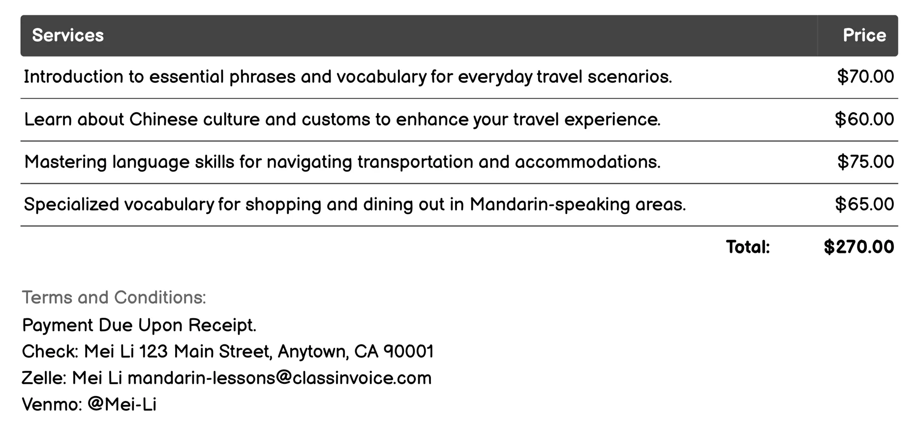 Mandarin for Travelers Invoice Example