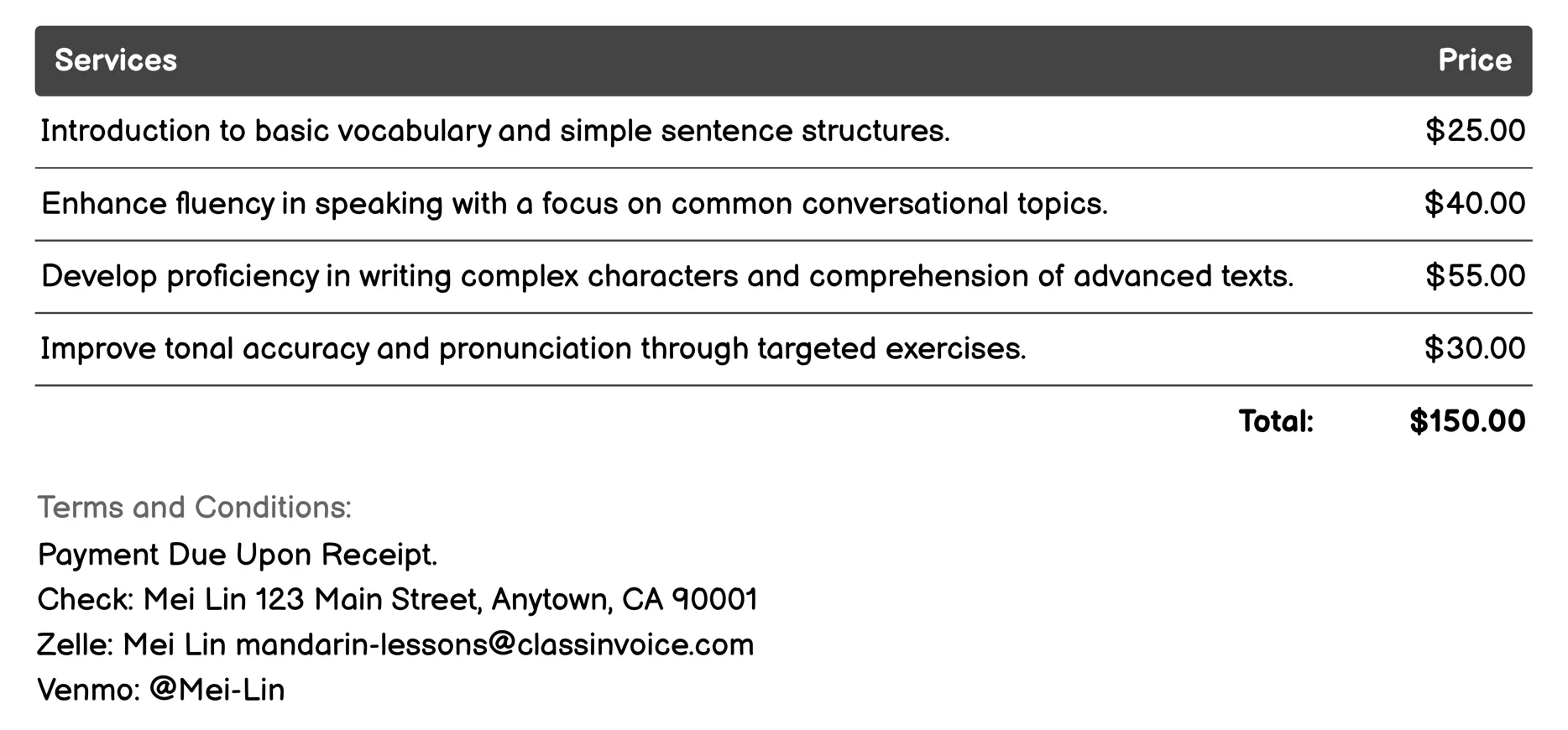 Online Mandarin Tutoring Invoice Example