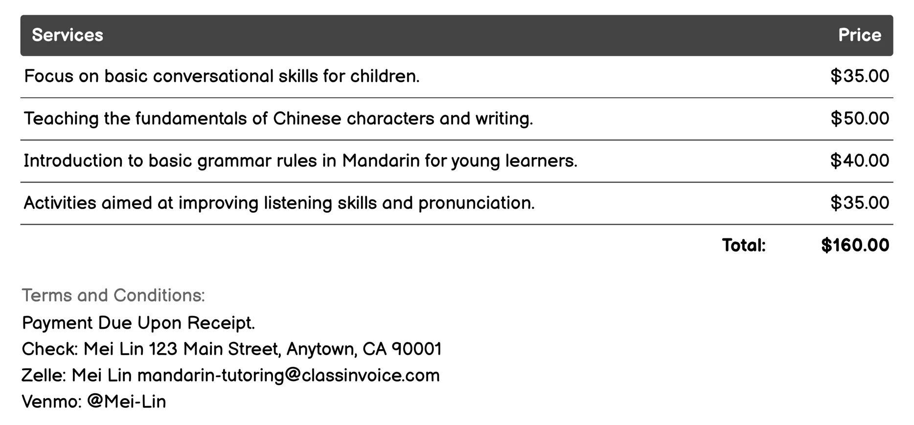 Children's Mandarin Classes Invoice Example