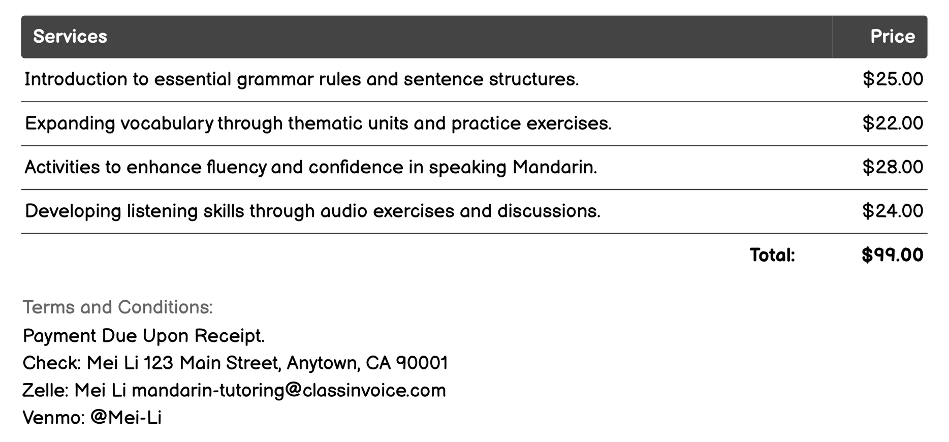 Group Mandarin Classes Invoice Example