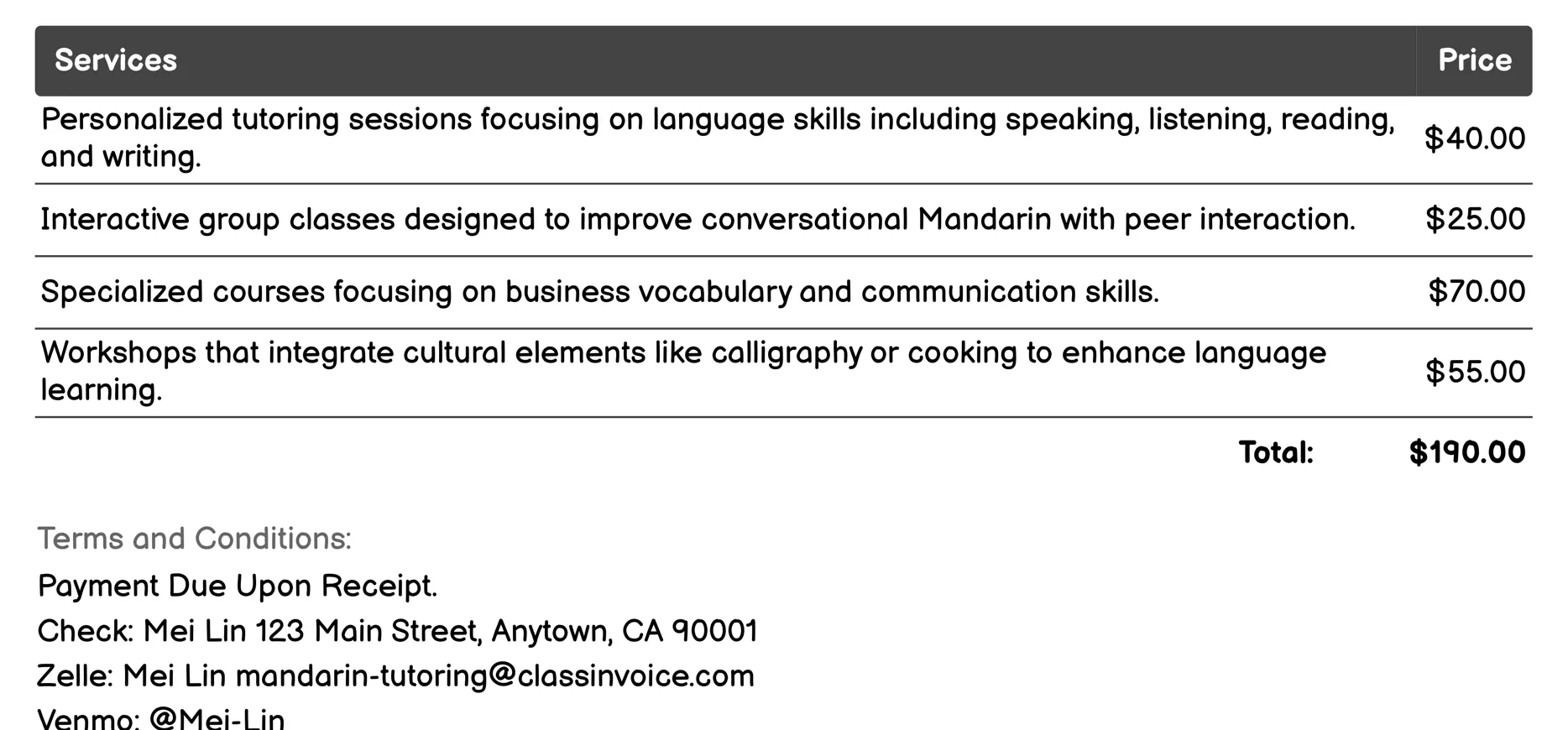 Intensive Mandarin Immersion Invoice Example
