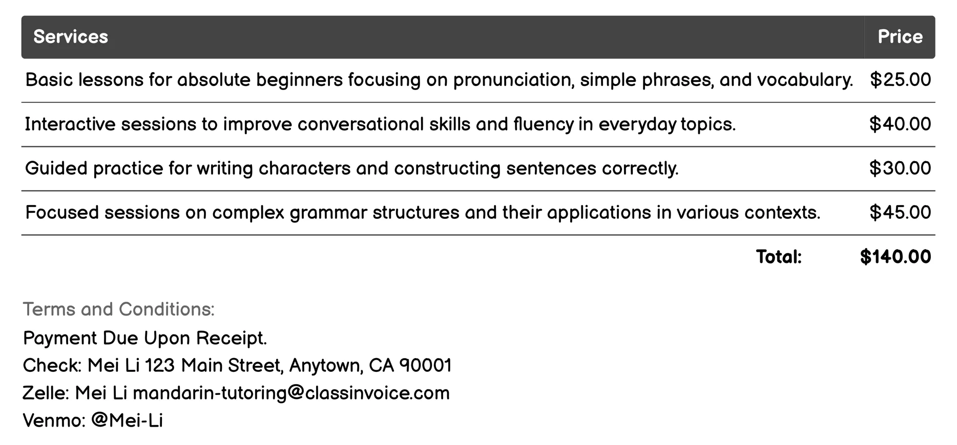 Online Mandarin Tutoring Invoice Example