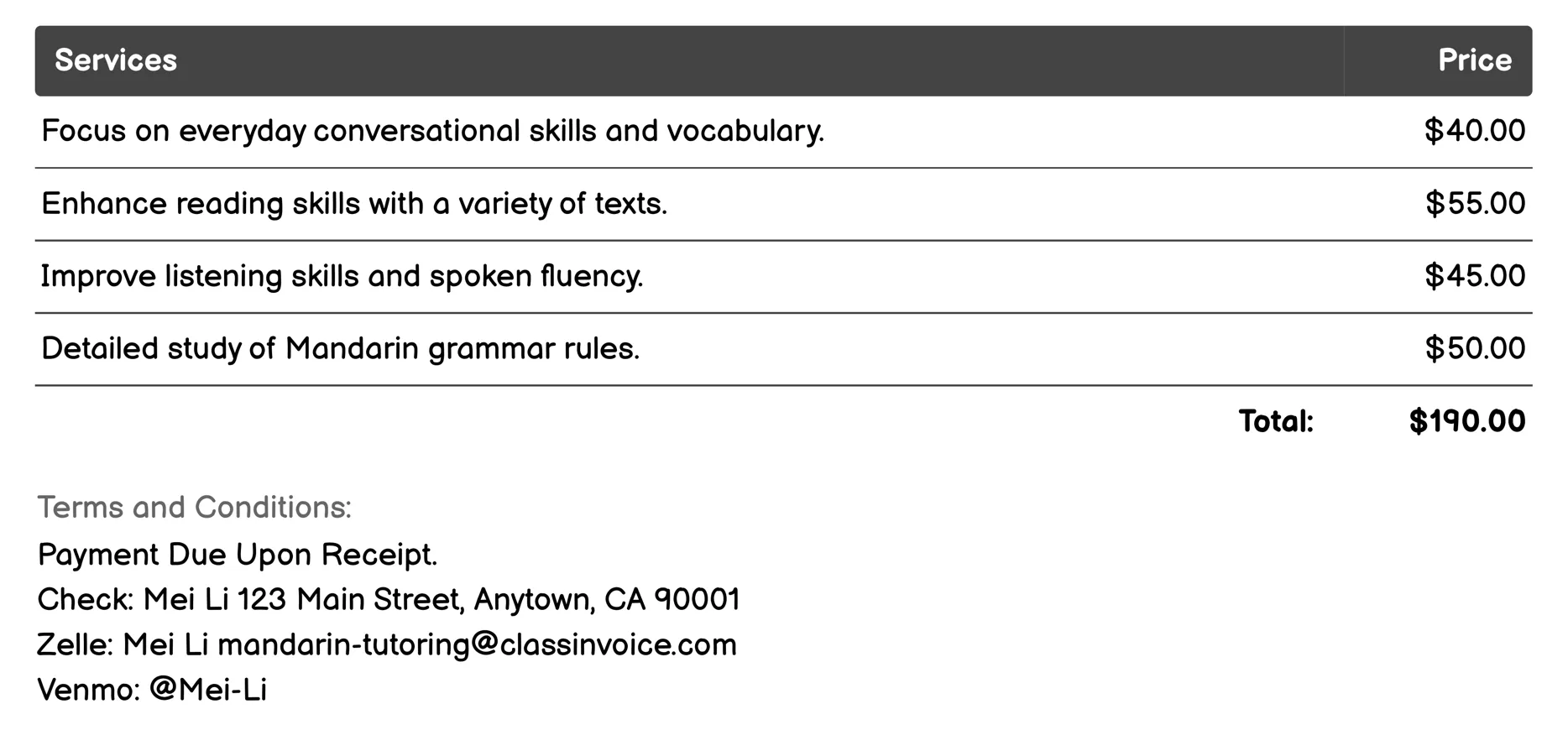 Private Mandarin Lessons Invoice Example