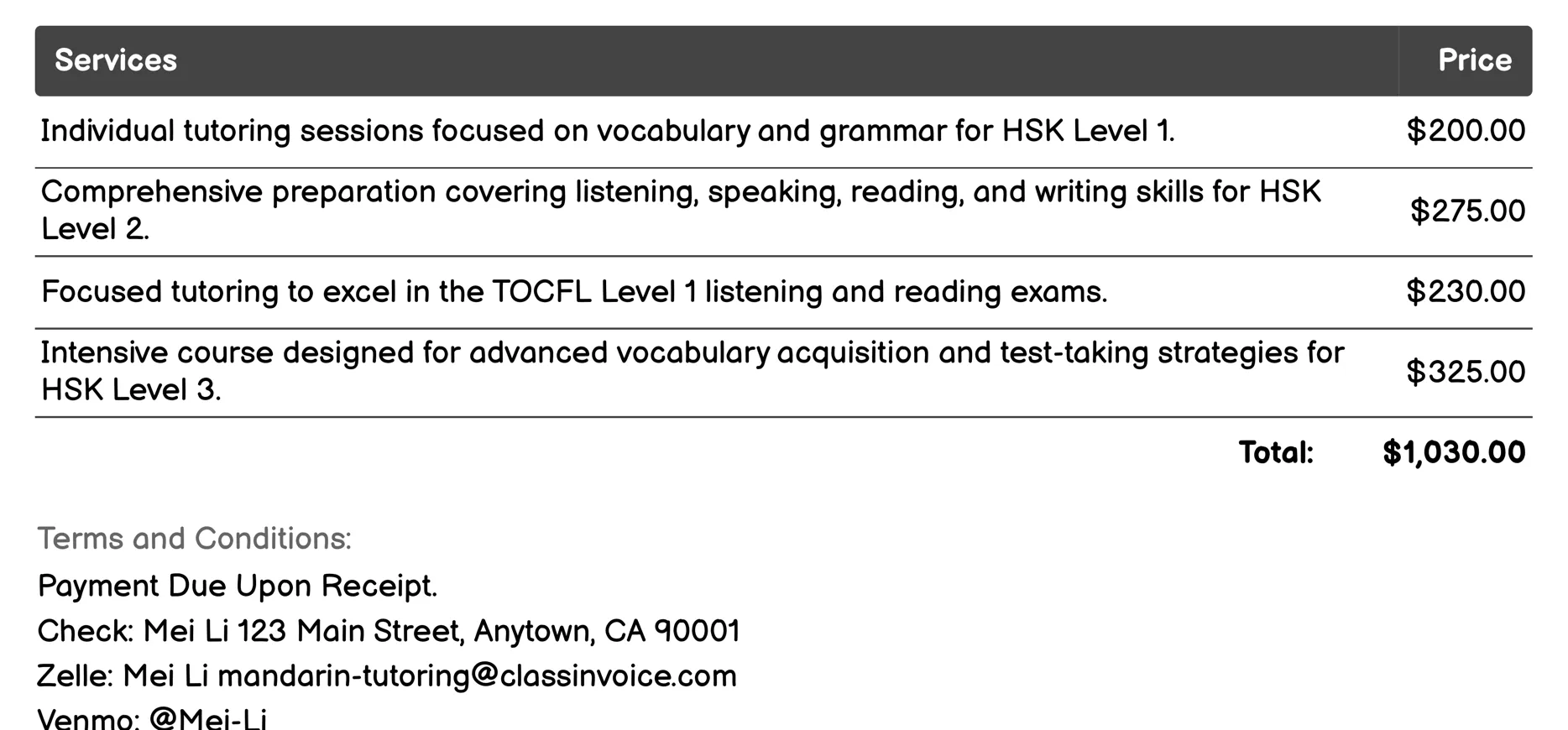 Test Preparation (HSK/TOCFL) Invoice Example