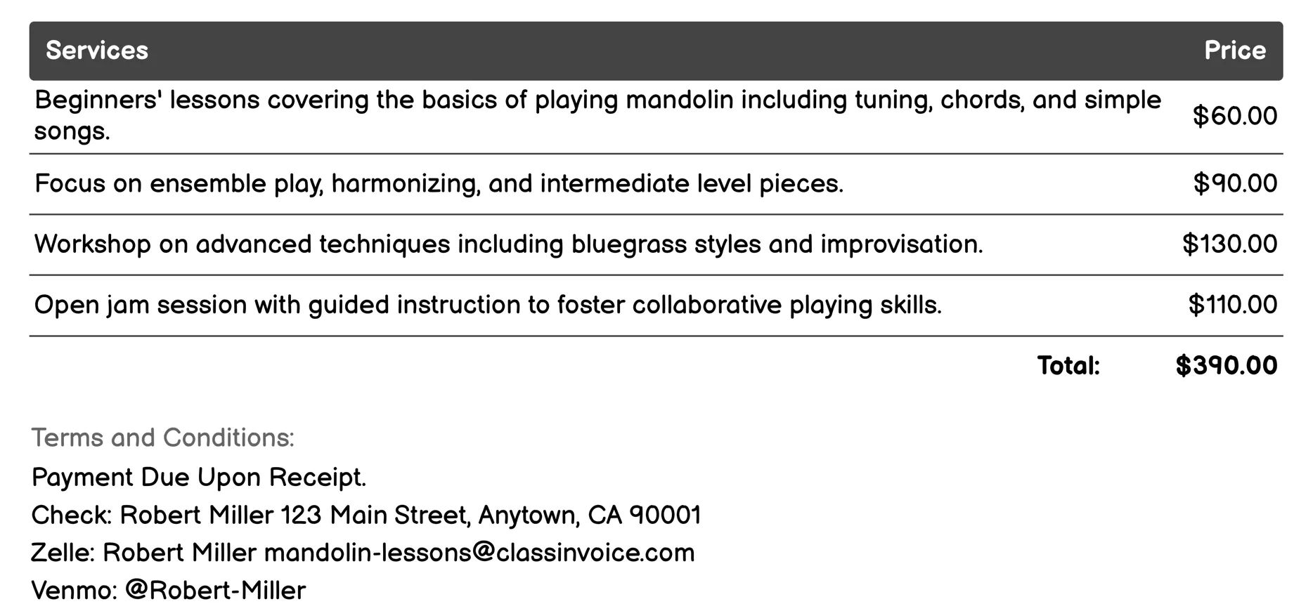 Group Mandolin Lessons Invoice Example